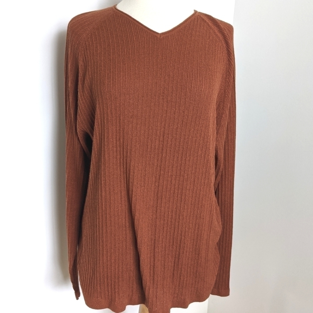 BACHRACH Burnt Orange V Neck Textured Unisex Sweater XL